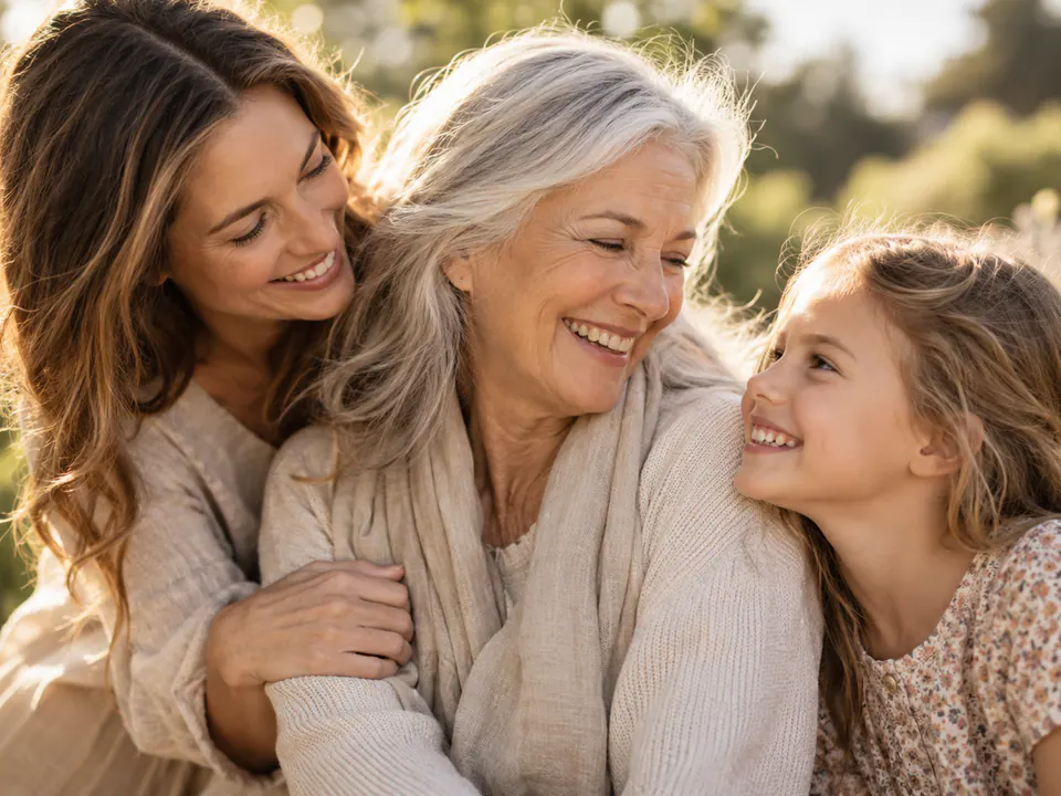 Illustrative image of three generations of a family sharing a joyful moment